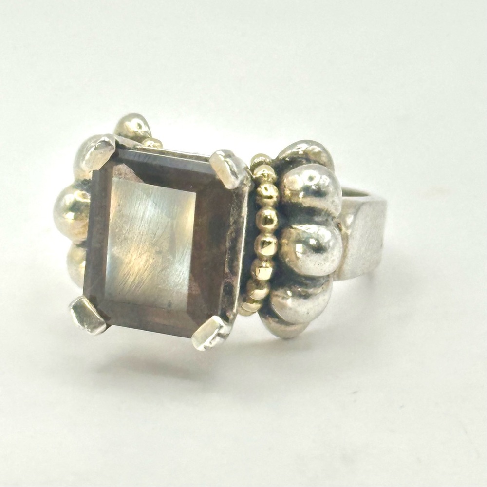 Lagos vintage Caviar Smoky Quartz , Silver & 18 Kt Gold Ring Size 6.5